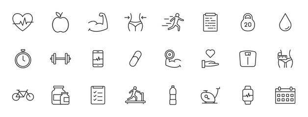 Set of 24 Sport and Fitness, healthy food web icons in line style. Soccer, nutrition, workout, teamwork. Vector illustration.
