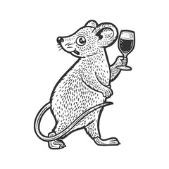 Mouse with wine sketch raster illustration