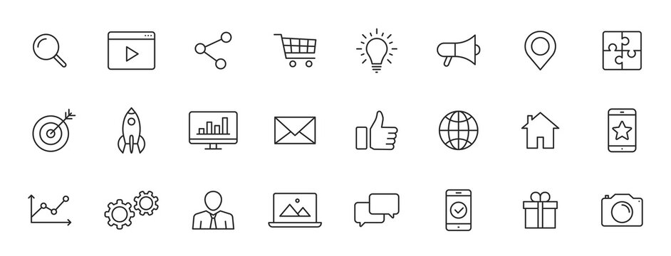 Set of 24 Social Networks web icons in line style. Marketing, feedback, management, target, like, content. Vector illustration.