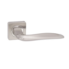 Anatomical door handle for an entrance door in gray color with a round mirror insert at the square base on a white background