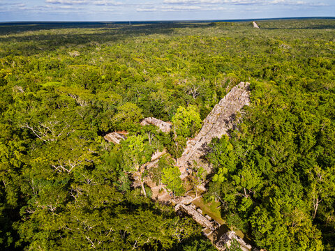 Aerial of the archaeological Maya site of Coba, Quintana Roo, Mexico