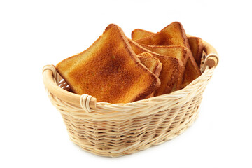 Breakfast. White toasted bread in basket isolate on white background. Top view.