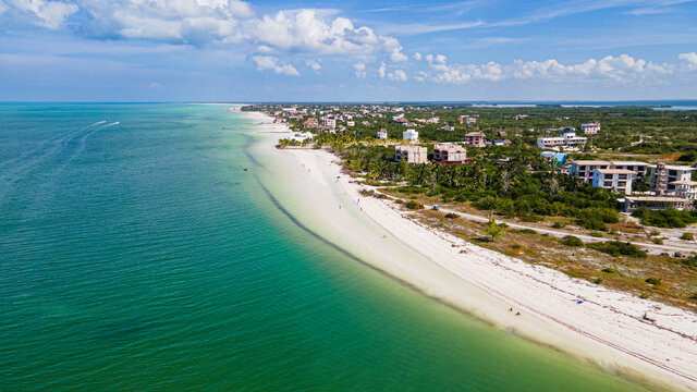 Aerial of the turquoise waters and white sands of Holbox island, Yucatan, Mexico