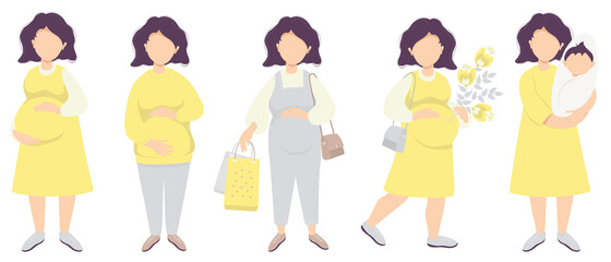 Motherhood. Vector set Happy pregnant woman in full growth. Gently hugs her belly with her hands, in a dress, overalls, with shopping bags, with a bouquet of flowers and with a newborn baby. flat 