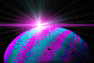 Bubble abstract. Globe planet earth in galaxy universe space with sun on black background. Comet, asteroid, meteorite in fantasy galaxy. © Maksym