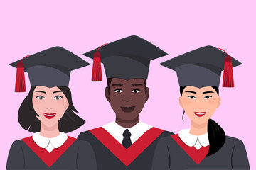 Portrait of three happy young people of different races and nationalities. Avatars of students, graduates who have finished their studies in caps and robes. Vector graphics.