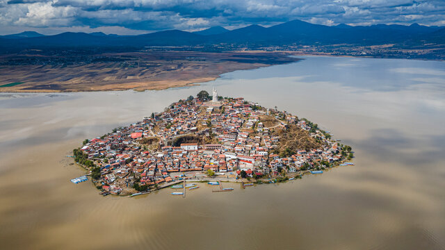 Aerial of the Janitzio island on Lake Patzcuaro, Michoacan, Mexico