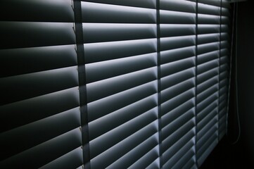 Closeup white color wooden blinds . Sunlight through the windows in the city with garden.Selective focus and light image backdrop.