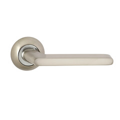 Chrome door handle on a round base with a rounded straight handle in a combined color with mirrored inserts on a white background