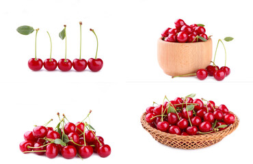 Set of ripe cherries isolated on white background, cut out