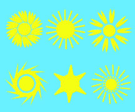 Vector set flat yellow sun on blue background 