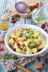 Potato salad with red and green onions, mustard and olive oil sauce