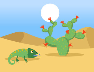 Cute green iguana and cactus in desert. Sand, sun, sky flat vector illustration. Desert animals and plants concept for banner, website design or landing web page