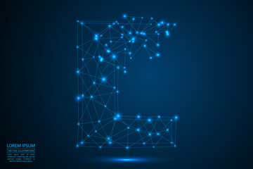 The destruction of the abstract font of  letters consists 3d of triangles, lines, dots and connections. On a dark blue background cosmic universe stars, meteorites, galaxies. Vector eps 10.