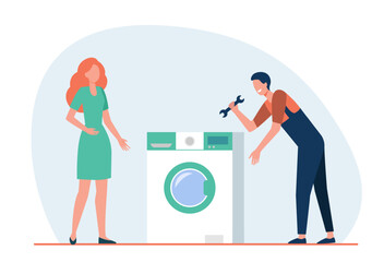 Cartoon mechanic helping woman to fix broken washing machine. Flat vector illustration. Girl and specialist in mechanics making washer repair. Repair service, mechanics, household appliances concept