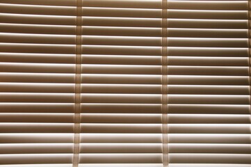 Closeup white color wooden blinds . Sunlight through the windows in the city with garden.Selective focus and light image backdrop.