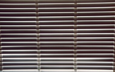 Closeup white color wooden blinds . Sunlight through the windows in the city with garden.Selective focus and light image backdrop.