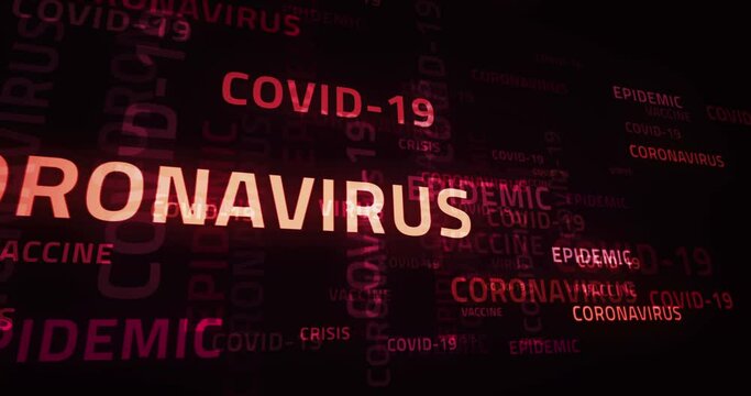 Covid-19 epidemic and coronavirus abstract loop concept. vaccine, crisis and virus text. Seamless, endless and looping 3d words animation.
