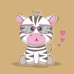 Cute cartoon zebra baby in sunglasses and hearts.