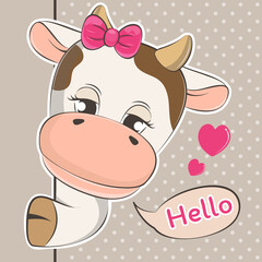 Cute cartoon peeping out cow baby and slogan hello.