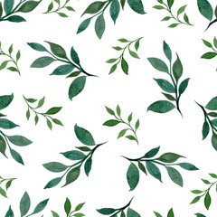 Greenery seamless pattern isolated on white, watercolor botanic illustration with leaves and branches, hand painted botanical decoration for fabric