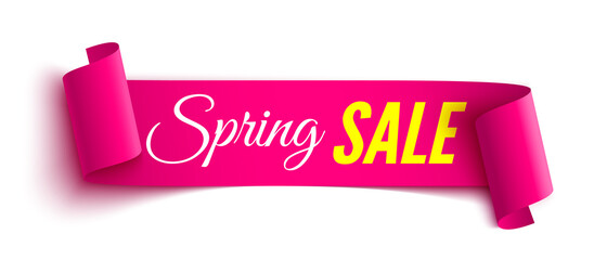 Spring sale pink ribbon. Sticker. Vector illustration.