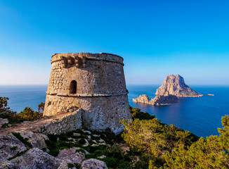 Torre des Savinar and Es Vedra Island, Ibiza, Balearic Islands, Spain, Mediterranean