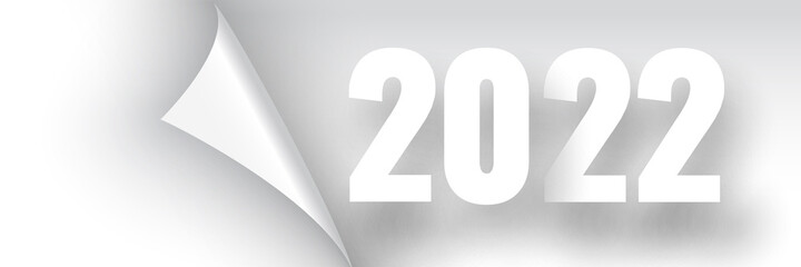 Happy New Year 2022 poster. White ribbon with curved edge on white background. Sticker. Vector illustration.
