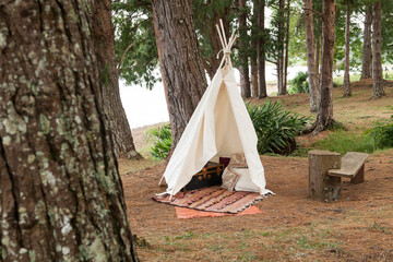 A teepee tent made of raw cloth in the middle of the forest.