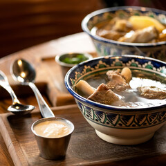Bowls with Rich hearty meat soup with broth and pork ribs on wooden table. Nutritious wholesome food. Delicious hot lunch or dinner. Close up shot. Soft focus.