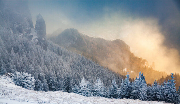 Ceahlau Massif in winter, Eastern Carpathians, Neamt County, Moldavia, Romania