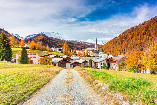 Traditional Swiss village called Santa Maria in Val Mustair, Canton Graubunden, Switzerland