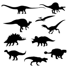 Set of Dinosaurs Silhouettes Isolated on White Background. Vector Illustration