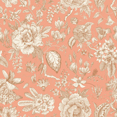 Bloom. Vintage floral seamless pattern. Spring flowers. Coral color