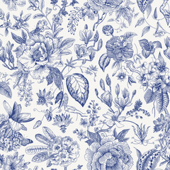 Bloom. Vintage floral seamless pattern. Spring flowers. Blue and white. Chinoiserie