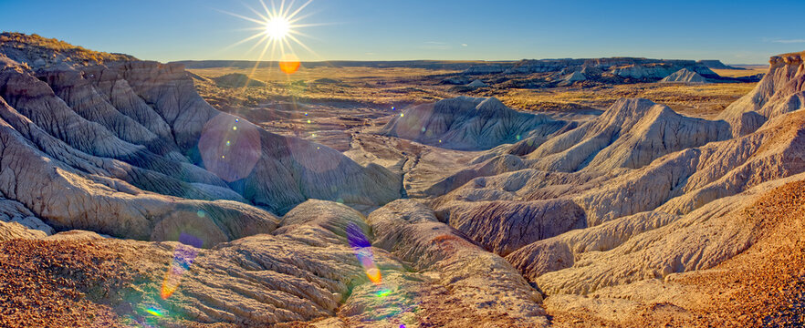 Panorama of the setting sun at the First Forest in Petrified Forest National Park, Arizona, United States of America