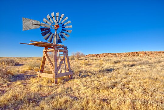 An old windmill marking the boundary of the Devil's Playground in Petrified Forest National Park, Arizona, United States of America