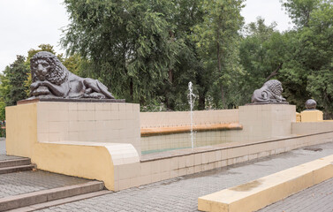 Fountain with lions sleeping in cloudy weather in Rostov-on-Don