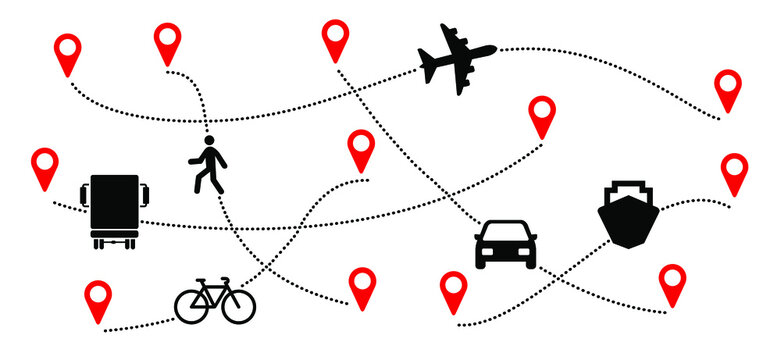 Route with start point GPS. Truck, plane, ship, bike, car and walking person. Cargo delivery, business concept. Vector transport pin location sign. Line path of transportation.