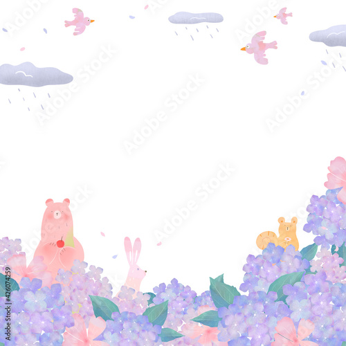 紫陽花のある優しい色使いの北欧風オシャレな植物と動物の白バックフレームイラスト素材 Animal Poster Anim Melchi