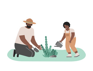 Vector flat illustration. African American father plants flowers by spatula and smiling little child waters leaves in garden. Happy holidays with family in nature. Daddy love to spend day with son