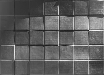 The texture of square glossy uneven ceramic tiles. Hard dark lighting.
