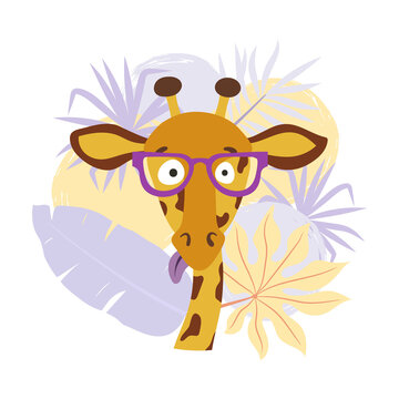 Cartoon giraffe with palm leaves. Vector illustration for print, fashion, t-shirt design