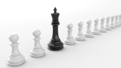 Leadership concept, black king of chess, standing out from the crowd of white pawns, on white background. 3D Rendering