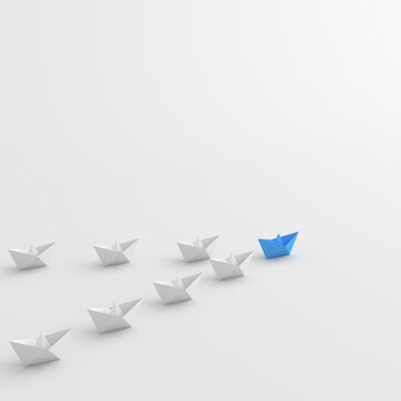Leadership concept, blue leader boat leading white boats, on white background. 3D Rendering