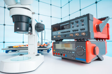 Measuring instruments in a modern physics research laboratory.
