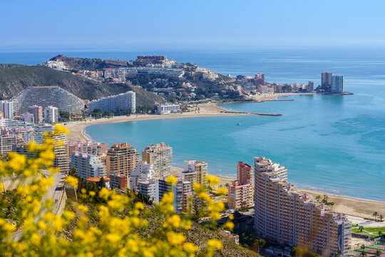 View of Cullera beach from above. Blurry foreground. Valencia Spain.