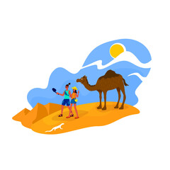Couple in Africa 2D vector web banner, poster. Travelers take selfie with camel. Tourist flat characters on cartoon background. Egyptian desert printable patch, colorful web element