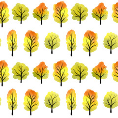 Obraz premium Watercolor red, yellow and green autumn tree collection isolated on a white background. Fall season colorful background. Hand drawn seamless pattern for fabric and wallpaper