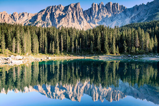 Latermar and larch forest reflected in the Carezza Lake at sunset, Carezza, Trentino-Alto Adige, Italy